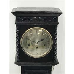  20th century oak Grandmother clock with silvered Arabic dial, three train movement chiming quarters on rods, H134cm  