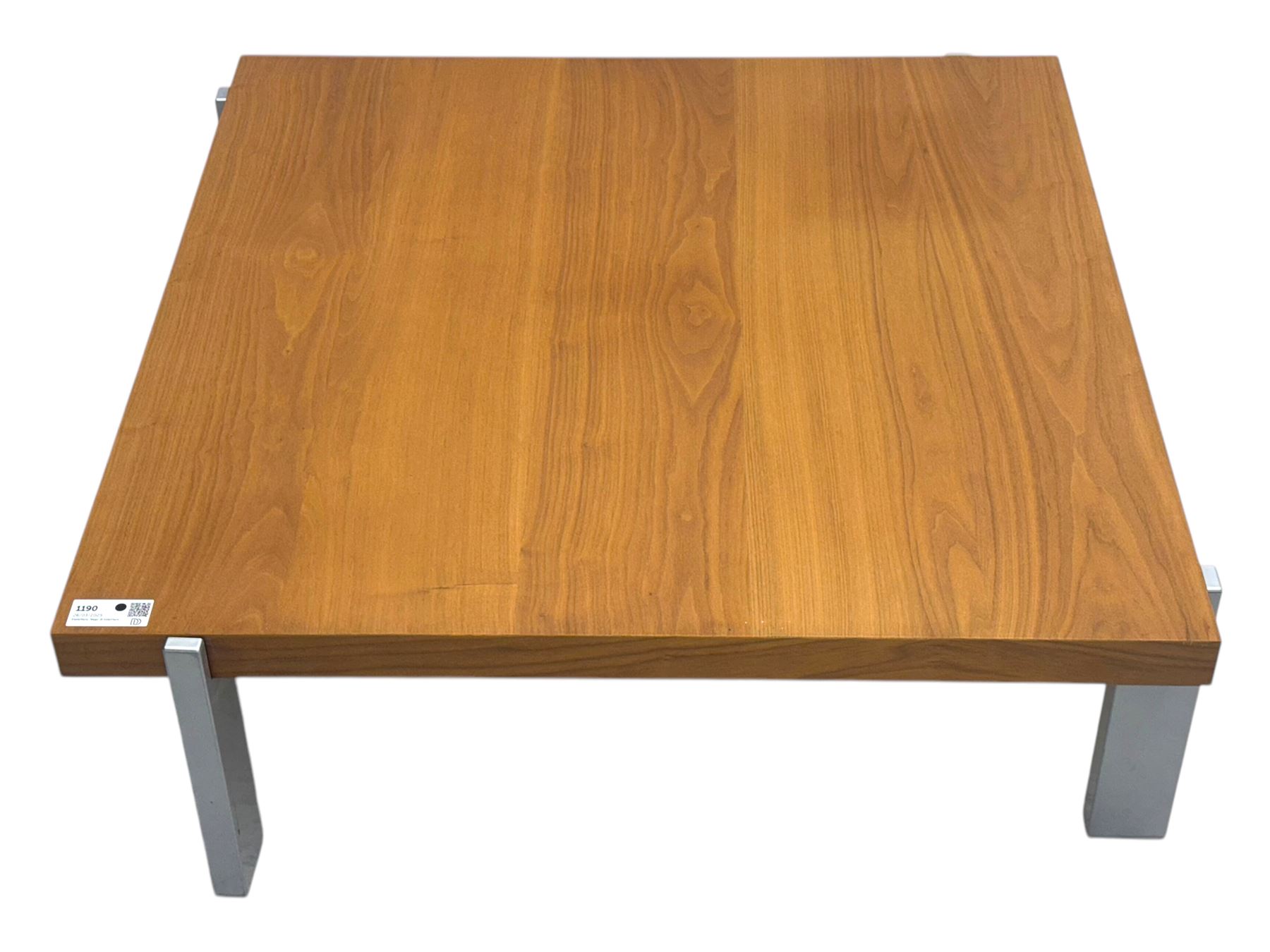 BoConcept - contemporary walnut coffee table, square top with clean lines and minimalistic design, supported by silver brush metal supports