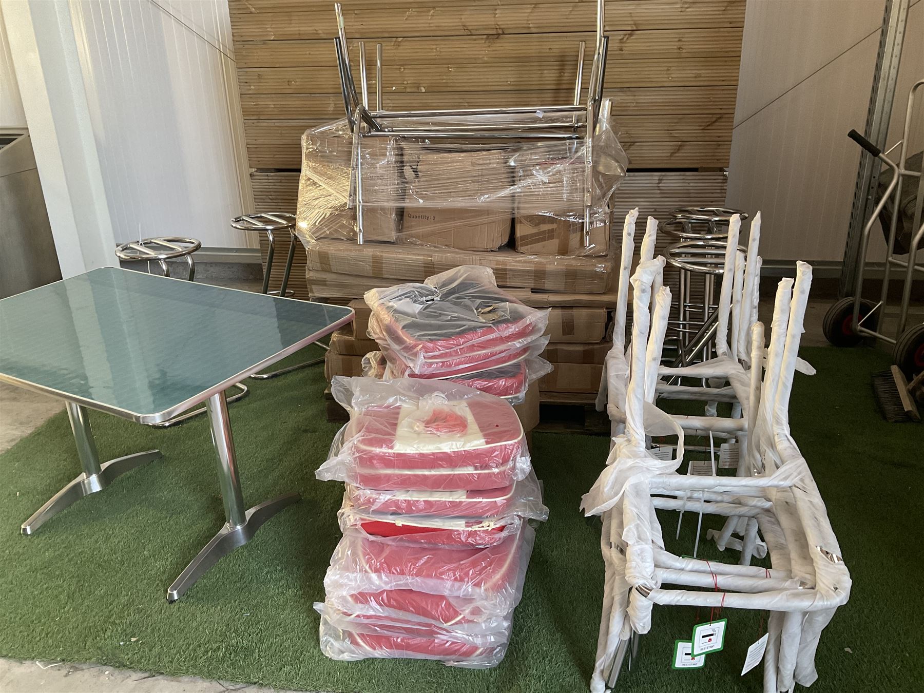 Job lot of American diner furniture, including stools, stainless steel tables, Set of six of american diner style two seater leather diner benches and other - THIS LOT IS TO BE COLLECTED BY APPOINTMENT FROM DUGGLEBY STORAGE, GREAT HILL, EASTFIELD, SCARBOROUGH, YO11 3TX