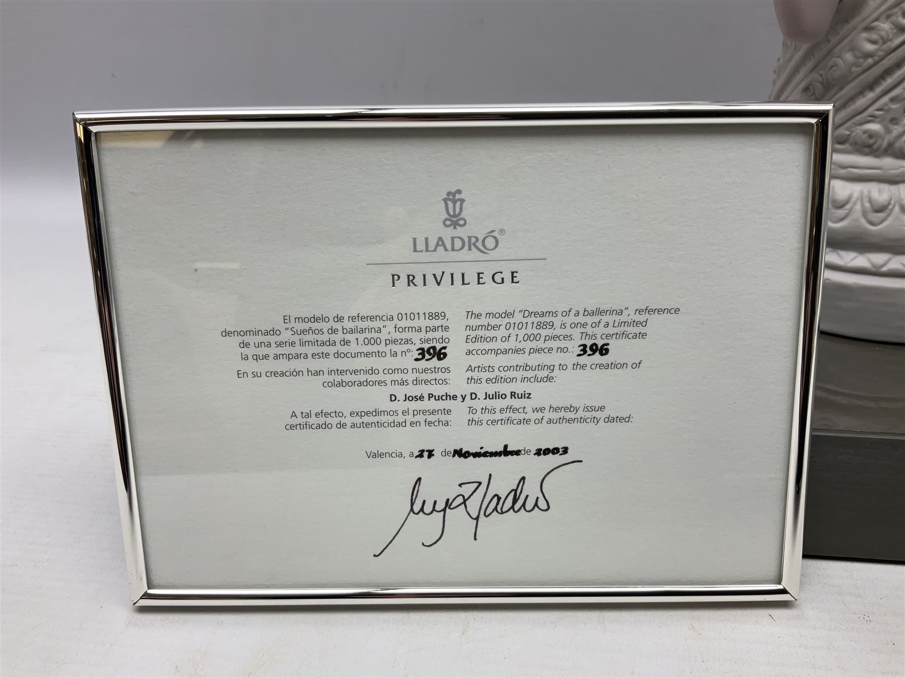 Lladro Privilege figure, Dreams of a Ballerina, modelled as a ballerina leaning against a pillar holding her ballet shoes, limited edition 396/1000, sculpted by Jose Puche, no 1889, with original box, year issued 2003, yea retired 2004, H52cm 