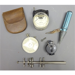  Fowlers 'Universal' Calculator No.1894 in leather case, D8.5cm a Crompton Parkinson Voltmeter No.1395307, a cork hole borer with sharpener and a modern pocket Compass (5)  