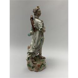 Mid 18th century Derby porcelain figure modelled as Dianna the Huntress, with quiver of arrows upon her back and dog by her side, upon a naturalistically modelled base, with patch marks beneath and collectors labels, H26cm