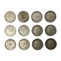 Twelve Great British pre 1920 silver halfcrown coins, dated 1906, 1908, 1912, 1913, two 1914, two 1915, 1916, 1917, 1918 and 1919