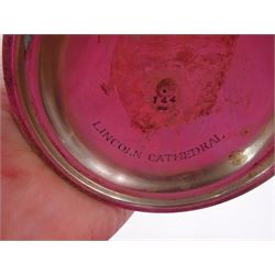 Modern limited edition silver goblet, a replica of the original silver chalice of Lincoln Cathedral, with hand planished decoration, and engraved band of laurel leaves to bowl, with gilt interior, upon waisted stem and circular stepped foot, no. 144/200, hallmarked John Cussell, London 1977, H15cm