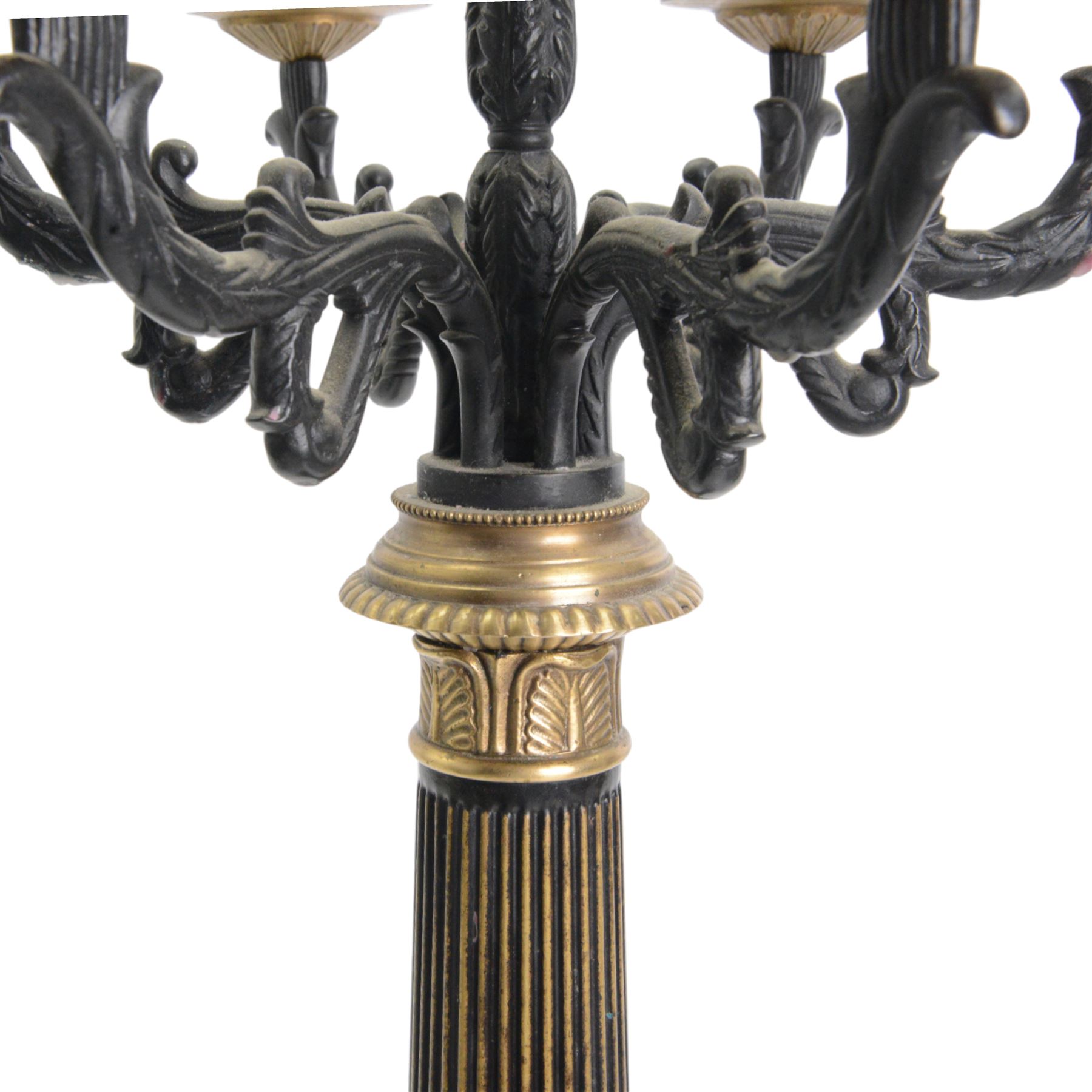 Pair of 20th century Corinthian column seven branch candelabra, with gilt brass sconces and swept acanthus leaf pedestal bases, H69cm (2)