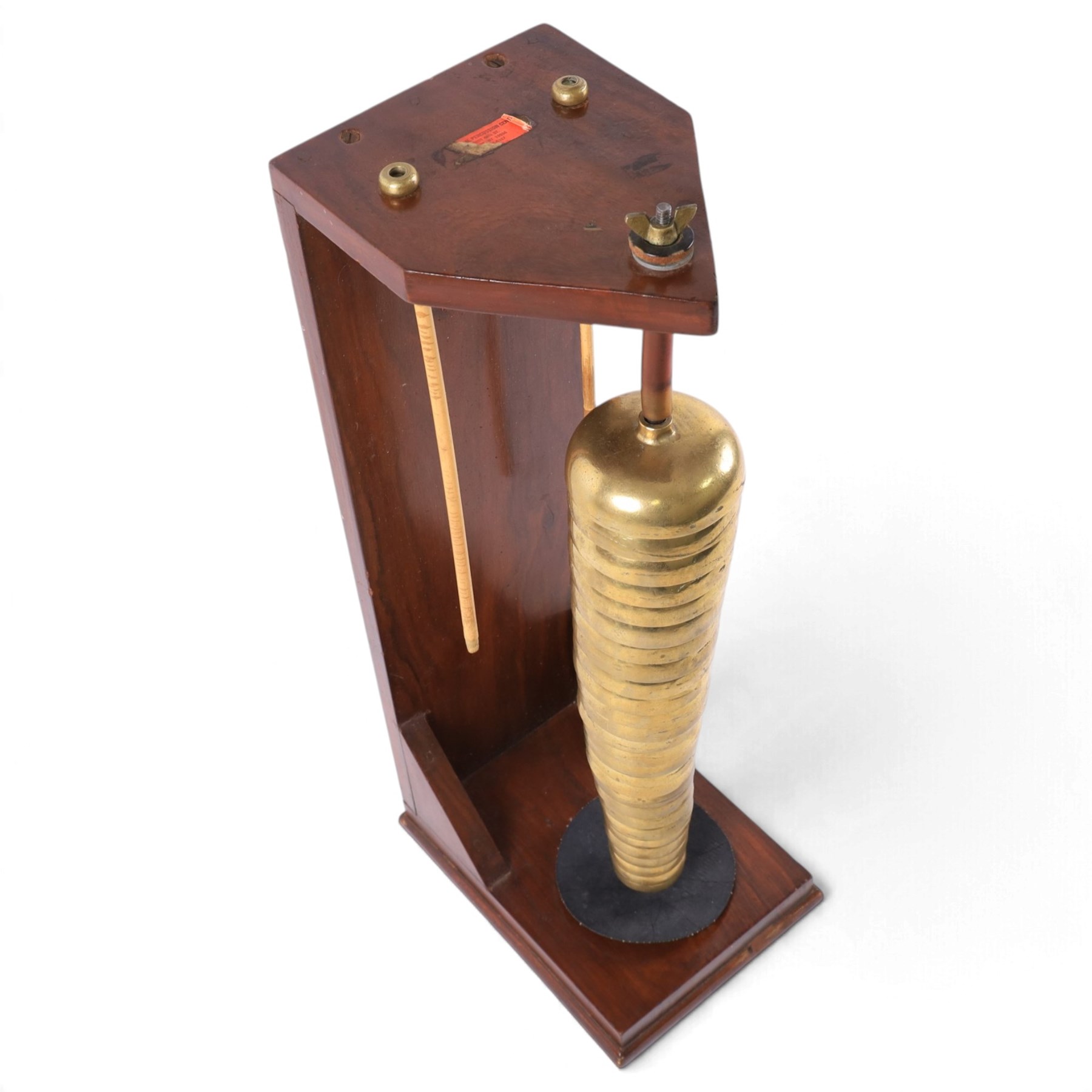 Carroll Sound Inc., New York brass bell tree, comprising twenty-seven graduating stacked bells on a wooden frame, with two beaters, in fitted travelling case, H54cm