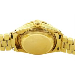 Rolex Oyster Perpetual Datejust ladies 18ct gold automatic wristwatch, circa 1983, Ref. 69178, serial No. 8058240, champagne dial diamond dot hour markers and outer diamond ring, after market diamond set bezel and lugs, on 18ct gold President bracelet, set with after market diamonds, with AIGL report and additional links