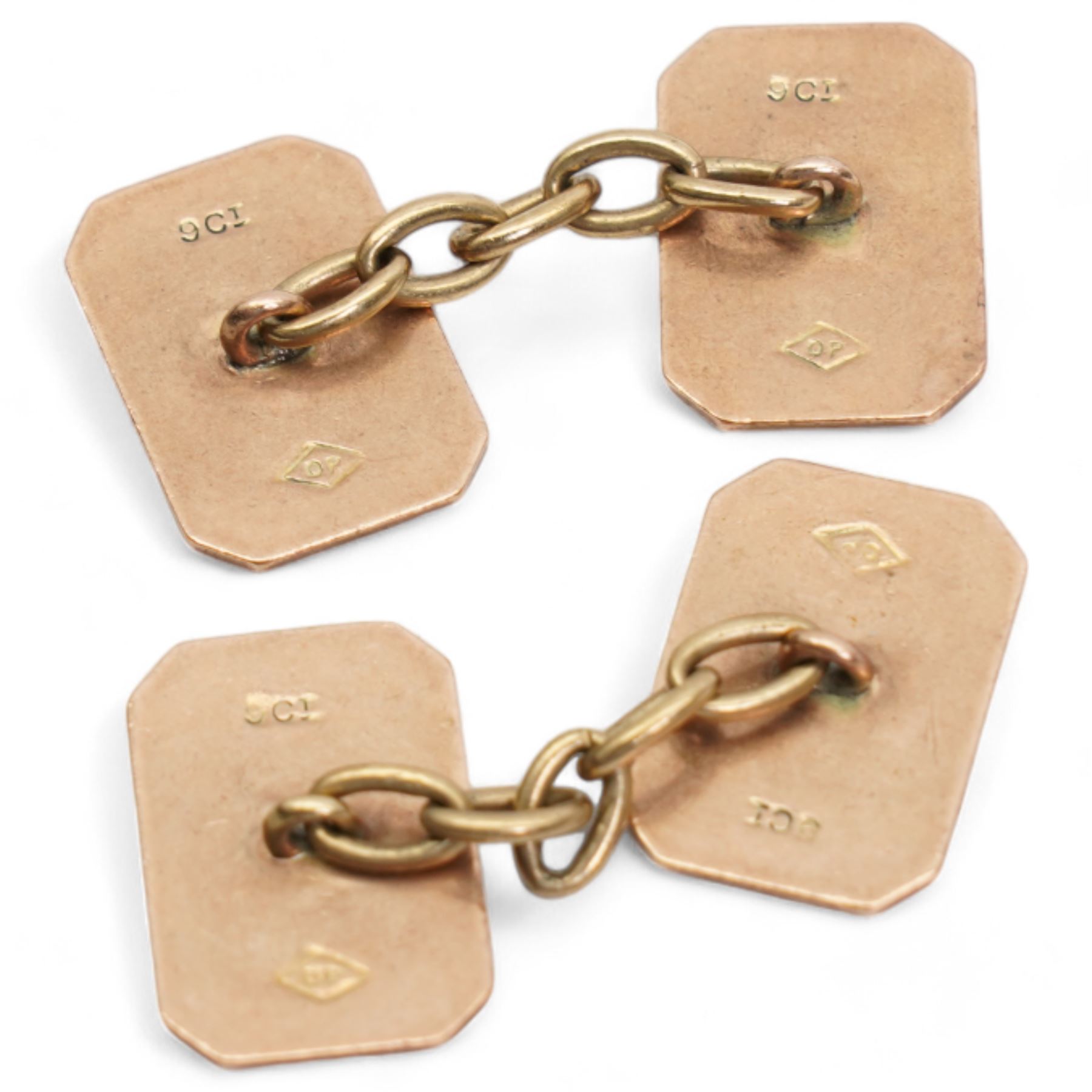 Pair of early 20th century 9ct gold cufflinks, with enamel decoration, stamped