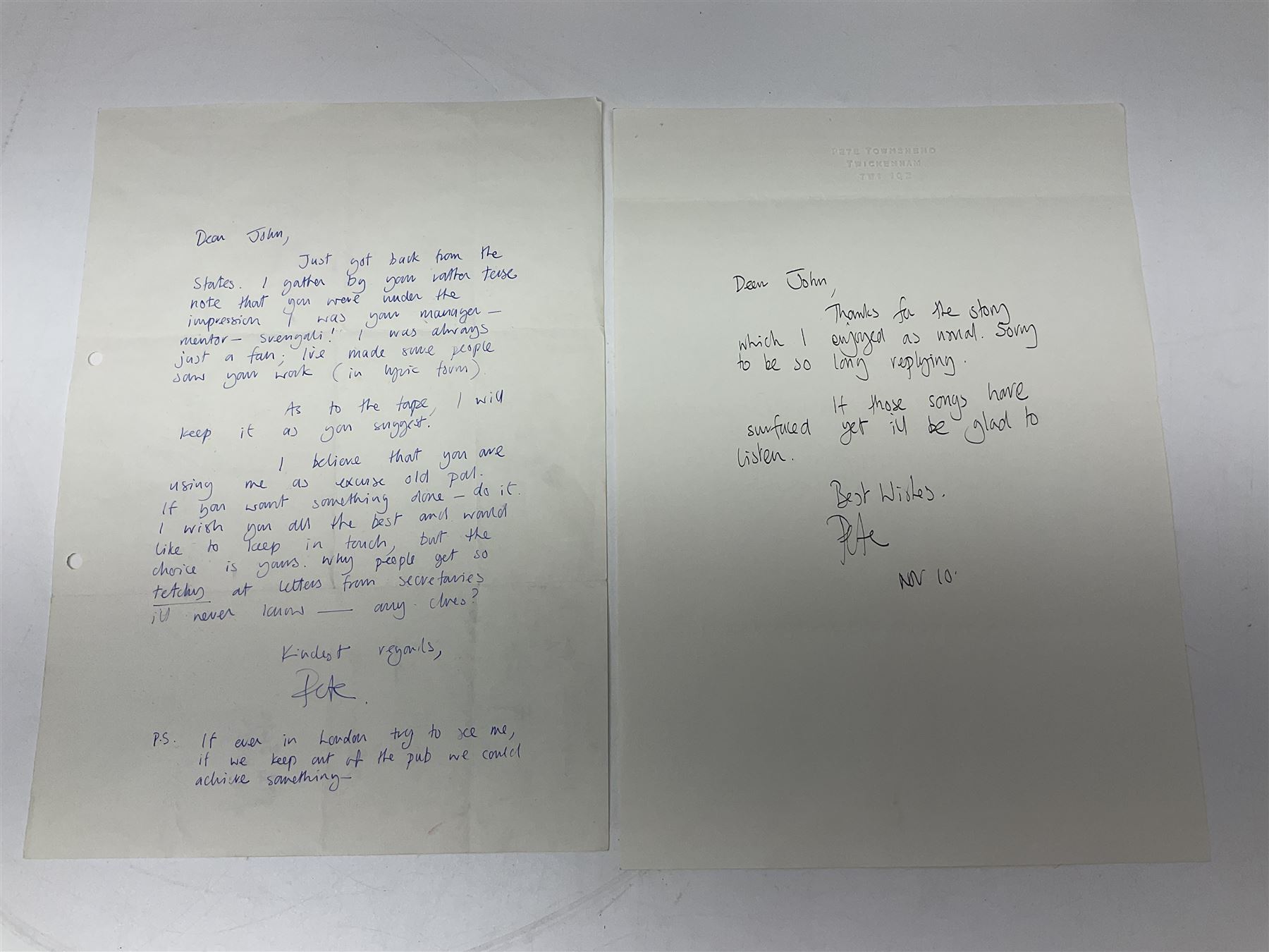 Pete Townshend 'The Who' - archive of correspondence with John Bycroft of Hull acknowledging receipt of various song lyrics sent by him to Townshend 1977 - 1982; comprising eighteen letters on varying letter heads including personalised; embossed; The Boathouse Ranelagh Drive Twickenham; No.2 The Embankment Twickenham; and Eel Pie Music; there are two undated manuscript letters signed Pete; and sixteen typed letters either signed Pete Townshend (3), Pete (4), Judi (Waring), Lin (Gibson) or Carla Rankine; together with The Story of Tommy by Richard Barnes and Pete Townshend and two other books on The Who.