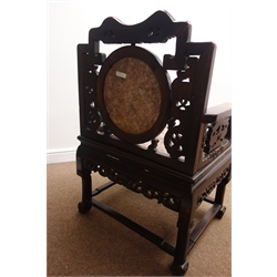 Chinese Qing period Padouk wood armchair, pierced and carved with dragons and foliage, inlaid with mother of pearl, variegated red marble seat and circular back panel, W70cm, H101cm, D53cm  Provenance - The vendor inherited the chair from their great great uncle William Pattrick (b1843, d1927). William Pattrick aquired the chair during his round the world holiday/cruise in 1907 onboard HMS Moldovia.  