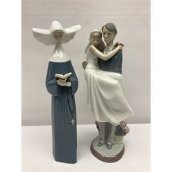 Two Lladro figures, Over the Threshold no 5282 and Prayful Moment no 5500 together with five Nao figures
