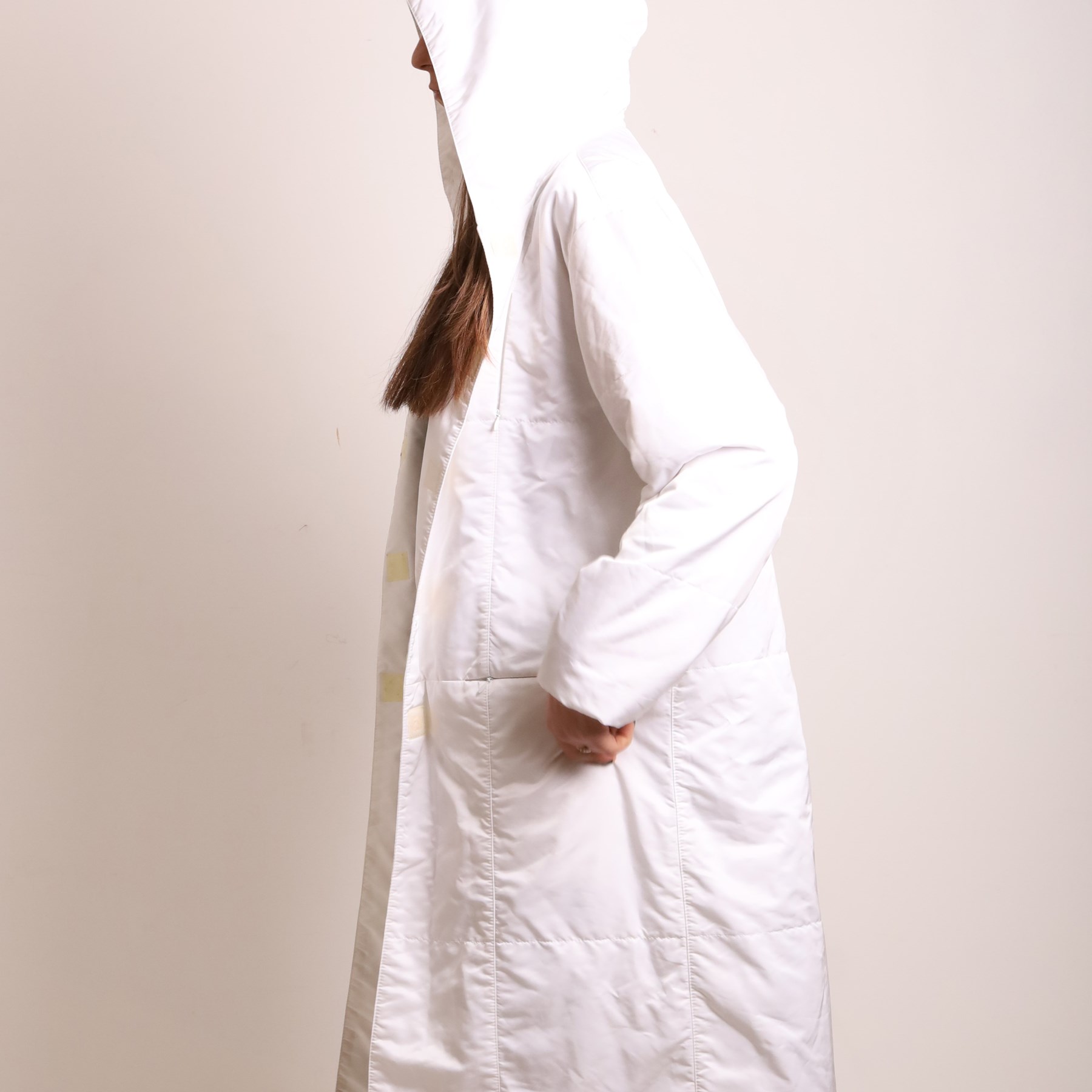 Fendi Jeans – vintage white hooded coat, lightweight polyester fabric woven with tonal Fendi Jeans monogram, with concealed Velcro fastening, integral hood, side pockets and matching white lining, made in Italy, size IT 44