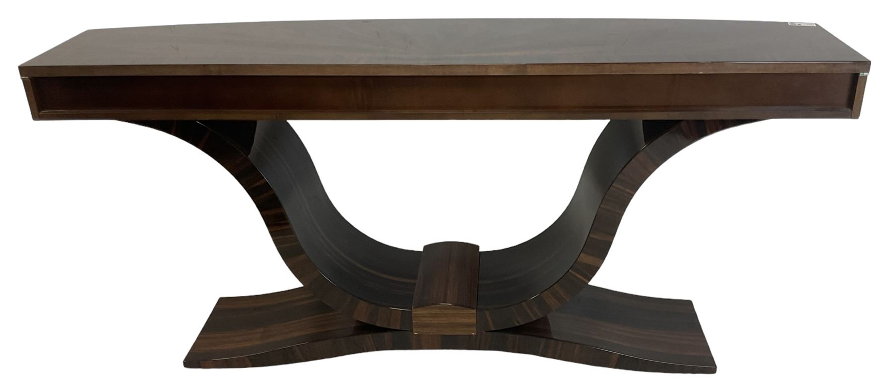 Giorgio Collection - Art Deco design macassar ebony 'Luna' console table, rectangular bow-front top with cross-banding and sun-burst veneer, fitted with single drawer, raised on a curved U-shaped base, retailed by Harrods