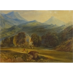  Rural Cottage Scene, watercolour signed and dated 1914 George Howard, Figures Resting in front of a Mountainous Landscape, watercolour unsigned, Figures Along a River Path, oil signed and dated 1862 by William Smith and five others max 41cm x 69cm (8)    