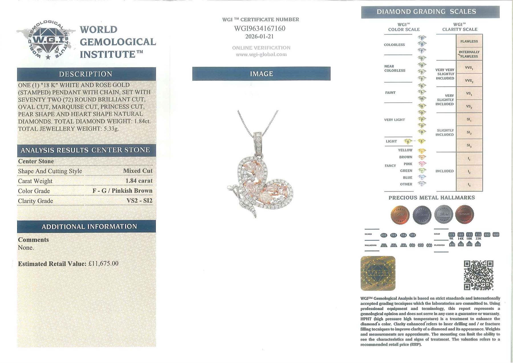 18ct white and rose gold diamond butterfly pendant necklace, the pendant set with vari-cut light pinkish brown diamonds and round brilliant cut white diamonds, total diamond weight 1.84 carat, with World Gemological Institute report