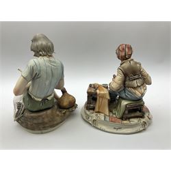 Two Capodimonte figures, the first example modelled as a shoe maker and signed Meneghetti, the second example modelled as a fisherman, with impressed mark, largest H26cm. 