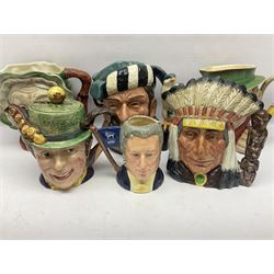 Collection of Royal Doulton and Beswick character jugs of various sizes, including North American Indian D6611, The Falconer D6533,  Tony Weller 281, Sairey Gamp 371 etc