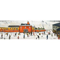 John Hanley (Northern British 1947-): 'Swinbury Town Station', oil and mixed media on board signed 30cm x 90cm