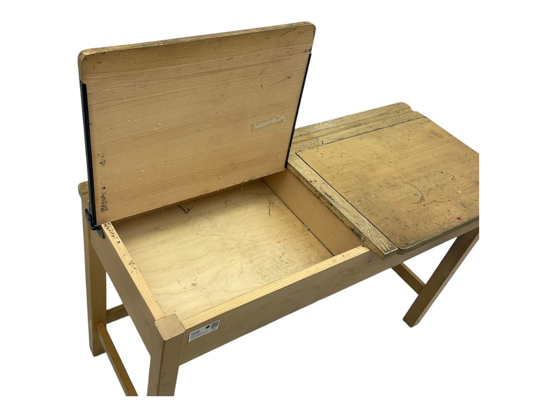 Mid-20th century beechwood school desk, rectangular lift-top desk with storage compartment, supported by square legs with cross stretchers; four matching beech chairs (5)
