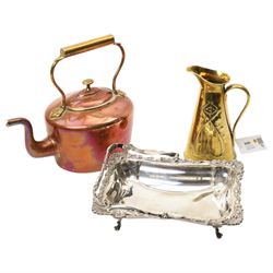 Oval copper kettle, Art Nouveau brass jug by Joseph Sankey and silver plated fruit dish