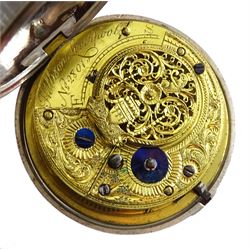 George III silver pair cased verge fusee pocket watch by Hollison, Liverpool, No. 2801, round pillars, pierced and engraved balance cock decorated with a classical urn, white enamel dial with Arabic numerals, bull's eye glass, case makers mark W H, Birmingham 1804