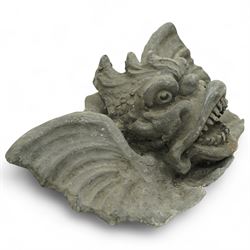19th century cast lead fountain head with spout in the form of a grotesque fish, the mouth agape with rows of teeth, flanked by protruding fins 