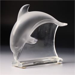 Lalique clear and frosted glass dolphin, label to base W12cm, boxed and a Baccarat blue glass dolphin W16cm  in Mappin & Webb box