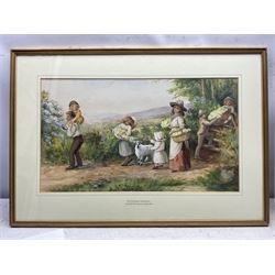 Agnes Pringle (British fl.1884-1993) : 'The Primrose Gatherers', watercolour signed, titled on mount 29cm x 51cm