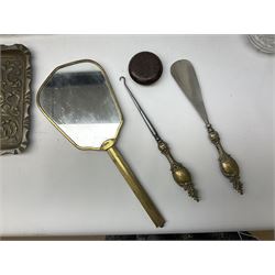 Glass dressing table tray, scent bottles and lidded bowl, metal mounted foliate design hair brushes and handheld mirrors etc