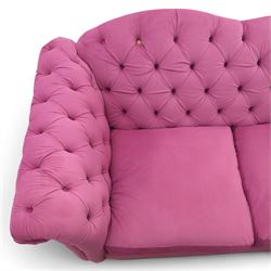 Joules - Windsor Chesterfield three seater sofa in pink velvet, shaped back with deep buttoned sides, loose seat cushion raised on turned and shaped supports