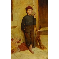 Mark Senior (Staithes Group 1862-1927): Portrait of a Boy Smoking a Pipe, oil on panel signed and dated 1886, 29cm x 19cm
Provenance: private collection, from the home of one of the experts in the Swedish equivalent of the Antiques Roadshow; with Lindblad & Son Konsthandel Halsingborg (retailers of British works of art), metal label verso used prior to 1971