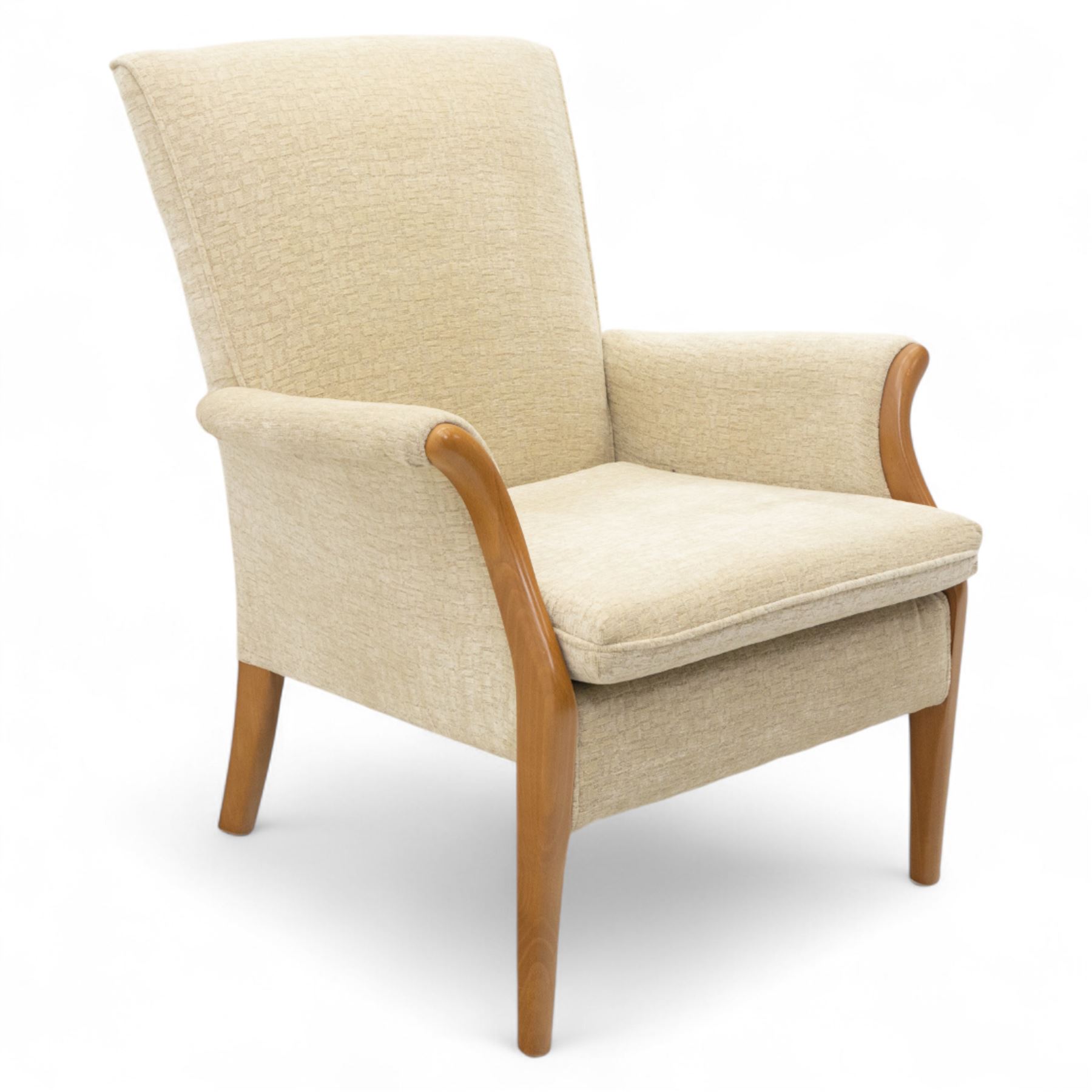 Parker Knoll - ‘Froxfield’ armchair, with upholstered back and seat in textured cream fabric, on beech bentwood arms and front supports