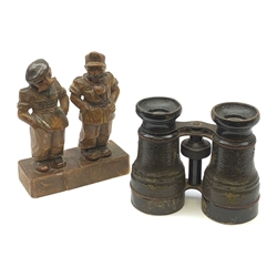 Caricature wooden carving of two WW2 British officers, inscribed under the base 'Venice March 1946' H13cm; and unmarked pair of binoculars (2)