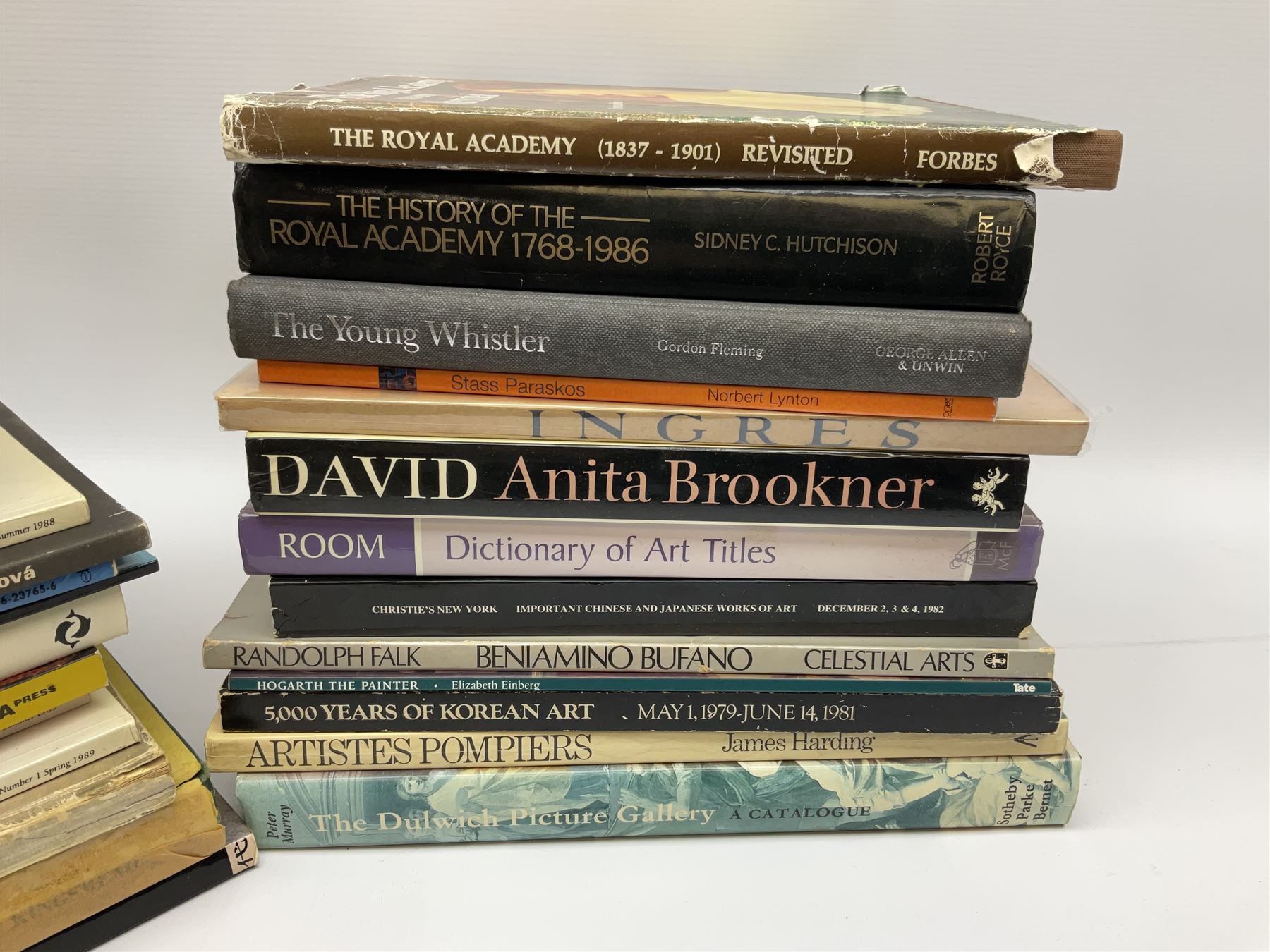 Large collection of fine art and antique reference books, to include Gordon Fleming, The Young Whistler; Sidney C. Hutchison, The History of the Royal Academy, Edward Yardley, The Life and Career of Frank Henry Mason R.B.A., R.I., R.S.M.A. 1975-1965; Brenda Roberts, The Collectors Encyclopaedia of Hull Pottery; Marcel Thomas, The Golden Age Manuscript Painting at the Time of Jean, Duc de Berry; Lindsay Errington, Tribute to Wilkie, etc. 