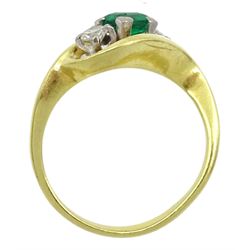 18ct gold three stone square cut emerald and round brilliant cut diamond cross over ring, emerald approx 0.45 carat