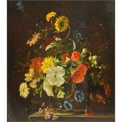 Richard Hanson AKA Stuart Scott Somerville (British 1908-1983): Still Life of Flowers in a Vase, oil on board signed, Frost & Read gallery inscription verso 45cm x 37cm