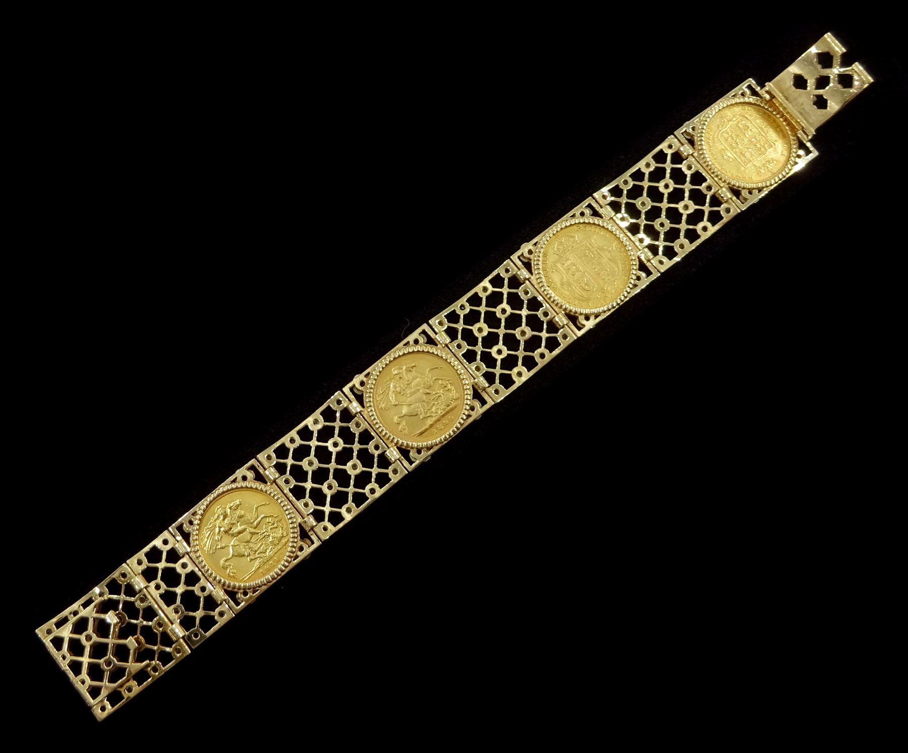 Gold half sovereign bracelet, four loose mounted sovereigns including 1883 shield back, 1892 shield back, 1899 and 1911, in 9ct gold blue and white cubic zirconia openwork bracelet