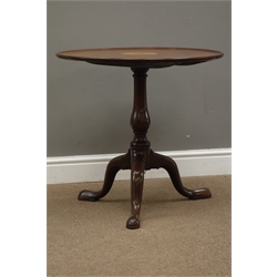  George III mahogany tripod table, circular dish tilt top inlaid with satinwood fan, vase column with three splayed supports with stepped knee, D65cm, H61cm  