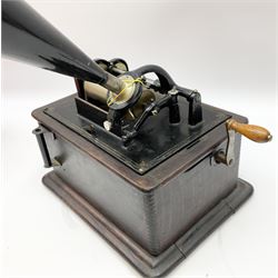 Edison Standard Phonograph with oak base (no cover), the reproducer marked 'Model C', serial no. 634857, last patent date Oct.1905, with black japanned conical horn L33cm; together with five cylinders