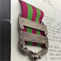 Victoria India Medal with Tirah 1897-98 and Punjab Frontier 1897-98 clasps awarded to 367H Pte. W. Simonds 1/Duke of Cornwall's Light Infantry; with ribbon