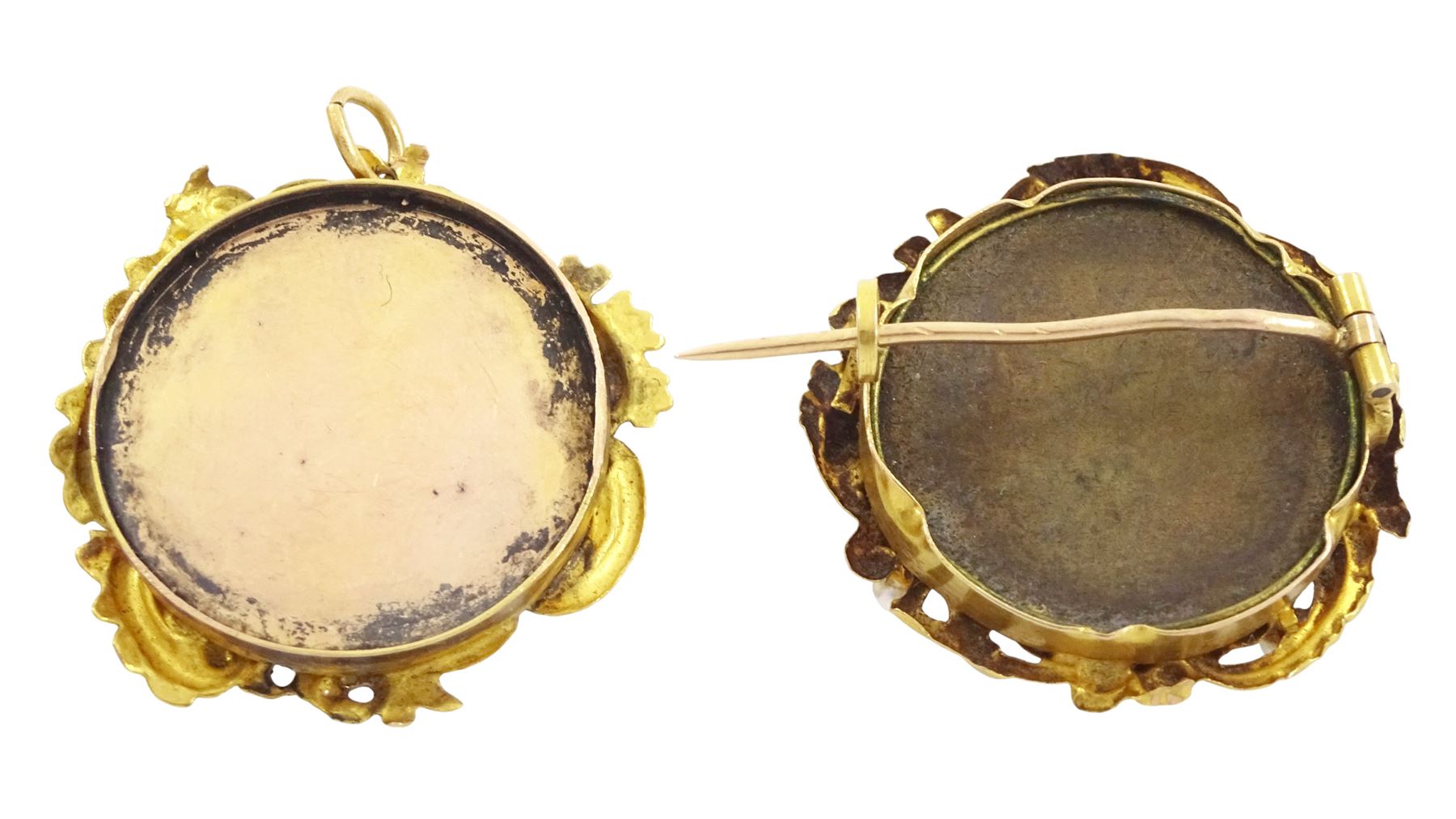19th century gold pearl portrait brooch and similar pendant, each set with a miniature of a woman, on ivory, within gold scrolled frames. This lot has been registered for sale under Section 10 of the APHA Ivory Act