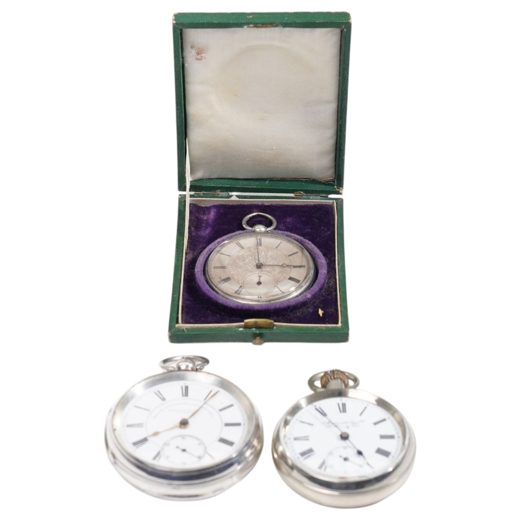 Victorian silver fusee lever pocket watch by Fattorini & Sons, Bradford, Chester 1891 and two white metal pocket watches