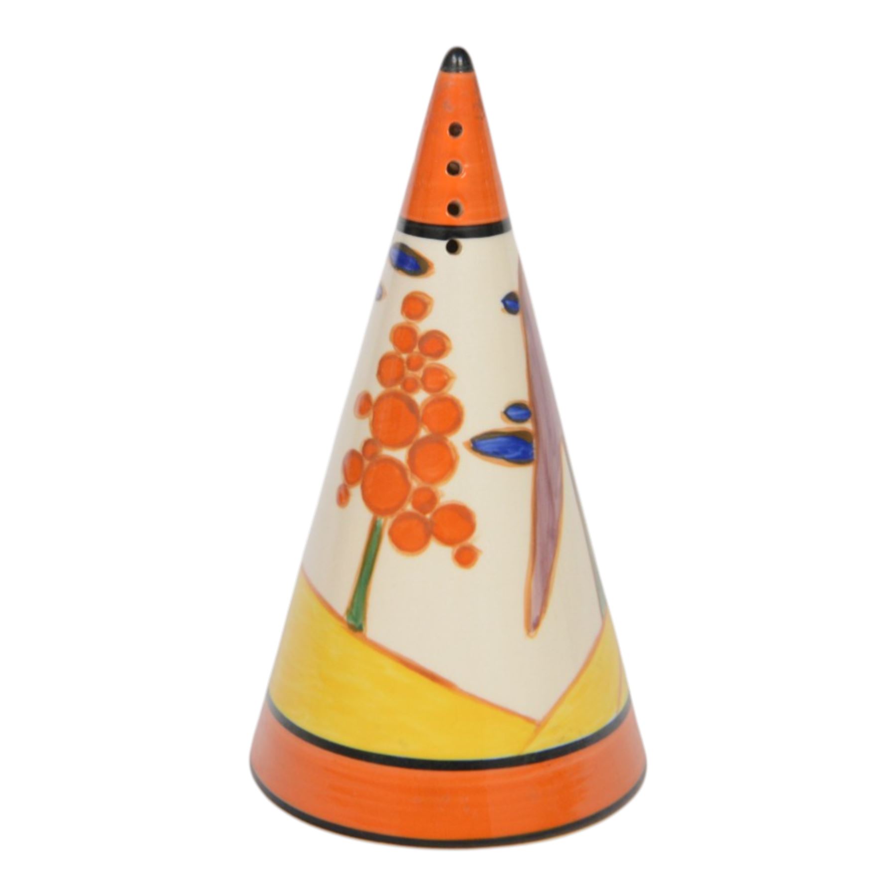 Wedgwood Bizarre by Clarice Cliff, four Conical Sugar shakers, comprising May Avenue, Trees and House, Sliced Circle and Orange Roof Cottage, all with certificates and boxes 