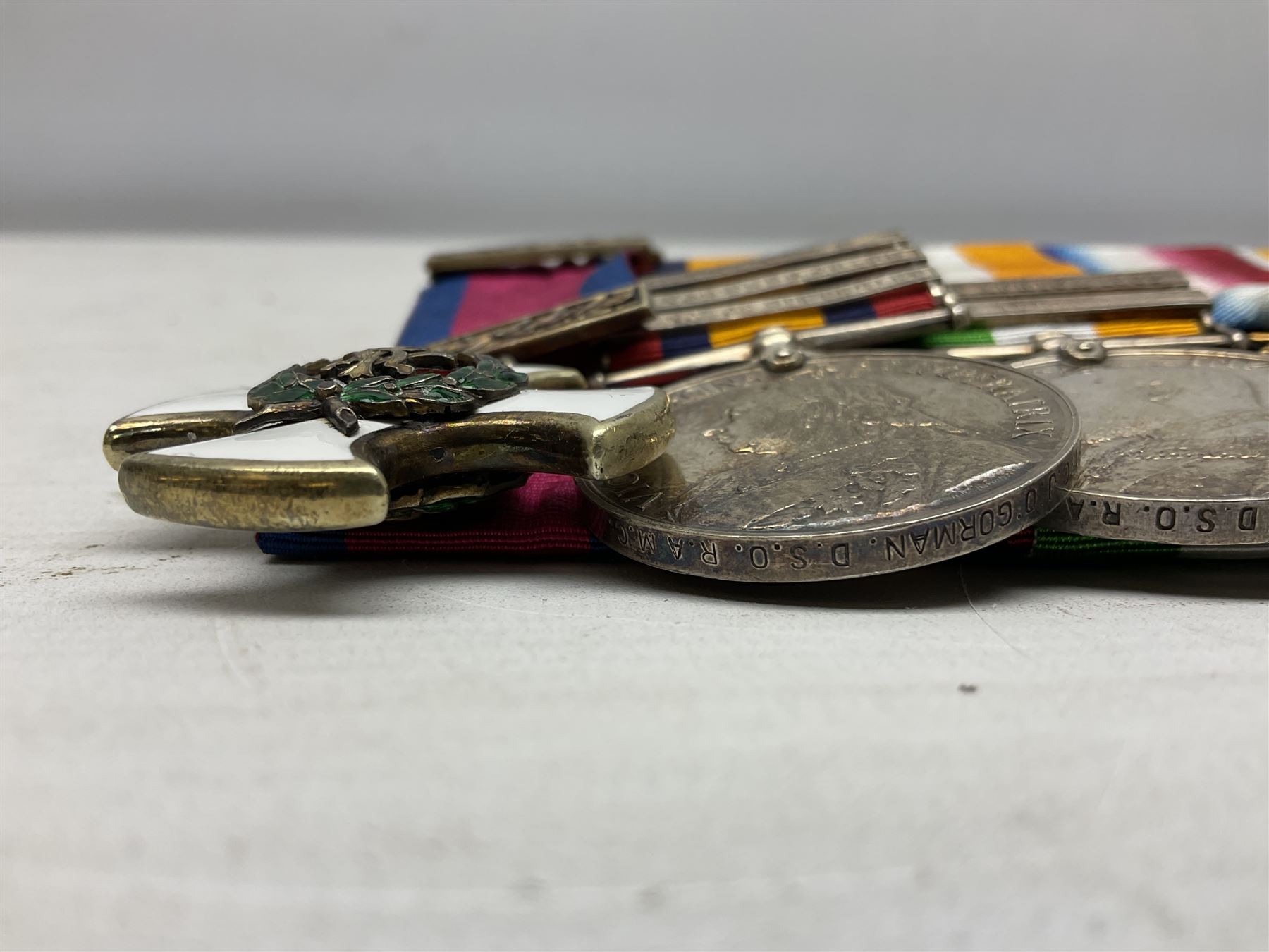 South Africa/WW1 Distinguished Service Order group of seven medals comprising D.S,O. with original ribbon bar and top bar slider, Queens South Africa Medal with three clasps for Defence of Kimberley, Orange Free State and Transvaal, Kings South Africa Medal with two clasps for South Africa 1901 & 1902 awarded to Capt. C.J. O'Gorman D.S.O. R.A.M.C., 1914-15 Star, British War Medal and Victory Medal with MID oak leaves awarded to Major (later Lt. Col.) C.J. O'Gorman D.S.O. R.A.M.C. and Kimberley Star 1899-1900; together with copies of research and biographical material