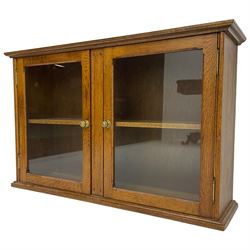 20th century low oak and glazed bookcase, double cupboard enclosing two shelves
