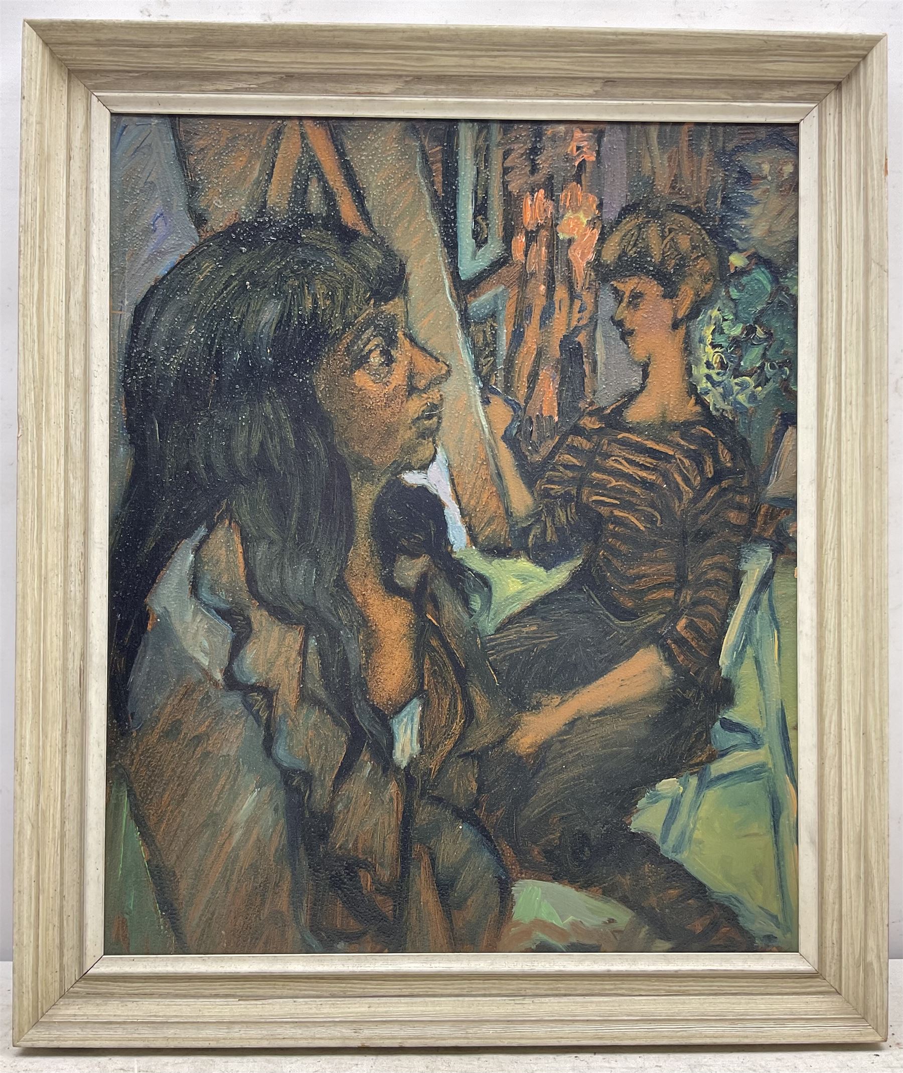 Raymond Arthur Roadnight (British 1941-): Two Ladies, oil on board unsigned 54cm x 45cm  
Provenance: the artist's studio collection. Born in High Wycombe, Roadnight spent three years training under Patrick Reyntiens and John Piper creating stained glass windows for Liverpool and Coventry cathedrals. These works included the great baptistry window in the New Coventry Cathedral, the 'Lantern' atop the Catholic Cathedral in Liverpool, and the grand windows in Oundle School Chapel. He has exhited at Royal Academy, Alfred East Gallery, Chichele College in Higham Ferriers, and Burleighfield House in Loudwater.