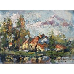 Edmond de Meulenaere (Belgian 1884-1963): House on a Lakeside, oil on board signed 27cm x 38cm 