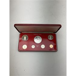 Coinage of Belize proof eight coin set, dated 1975, all coins in sterling silver, from one cent to ten dollars, produced by The Franklin Mint and two Republic of Liberia proof coin sets dated 1976 and 1978, all cased 