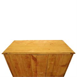 Victorian stripped pine chest, fitted with two short and three long drawers, turned wooden handles, shaped lower apron on bracket feet
