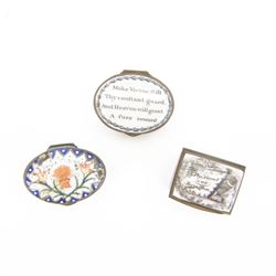 Three 18th century Staffordshire enamel patch boxes, comprising example inscribed 'Make Vi...